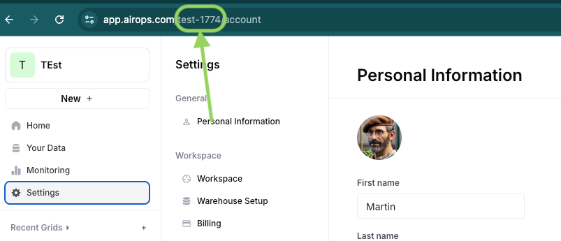 Find the workspace slug in AirOps settings